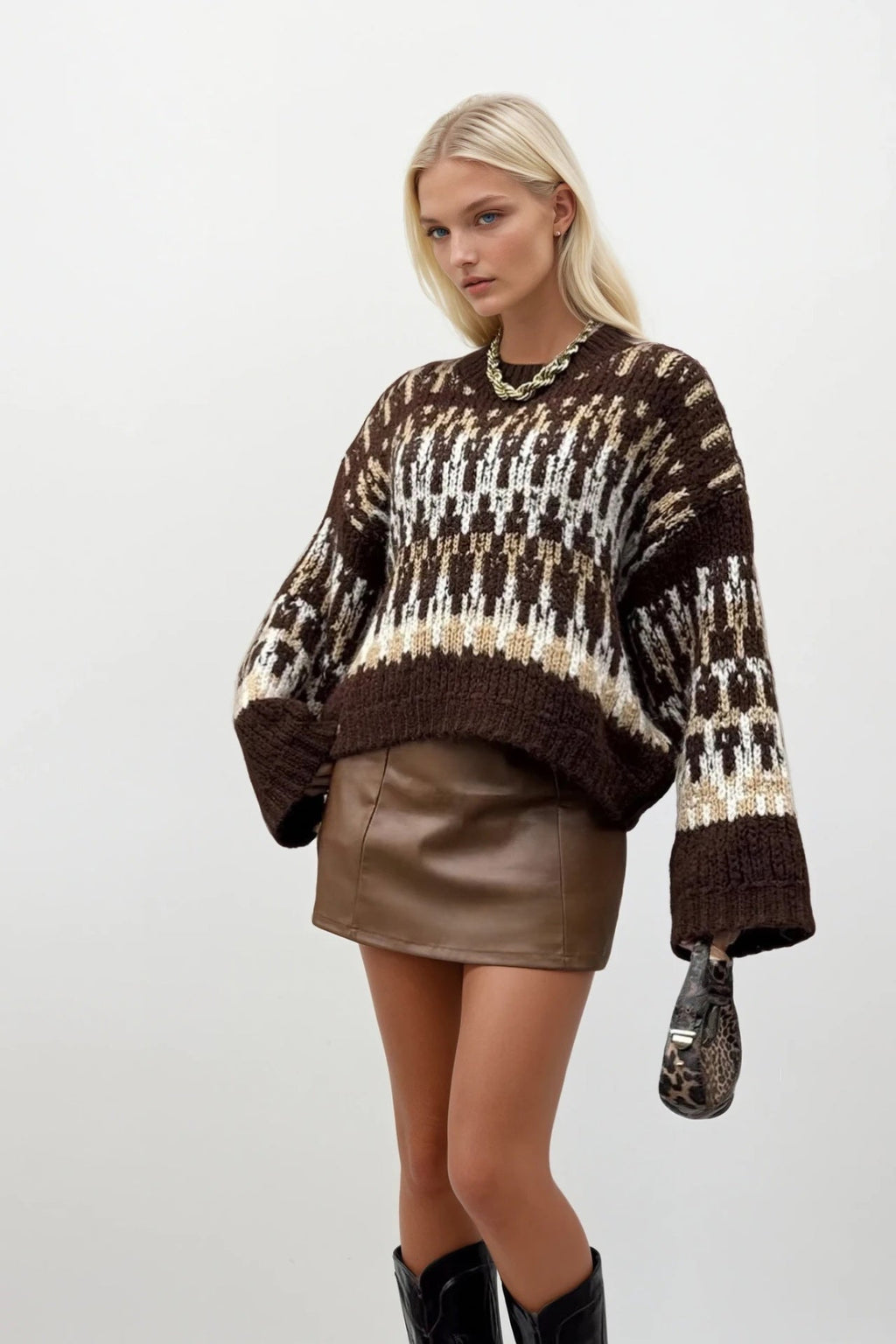 Patterned Brown Knit Sweater
