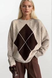 Baklava Pattern Crew Neck Beige Knit Sweater