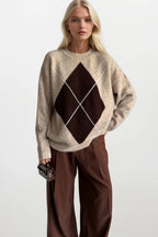 Diamond Pattern Crew Neck Beige Knit Sweater