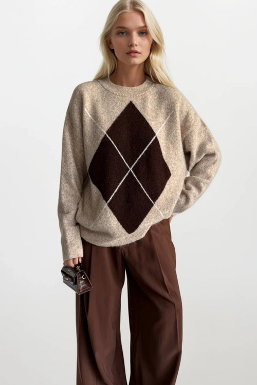 Baklava Pattern Crew Neck Beige Knit Sweater