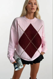 Pink Knit Sweater with Baklava Pattern and Crew Neck