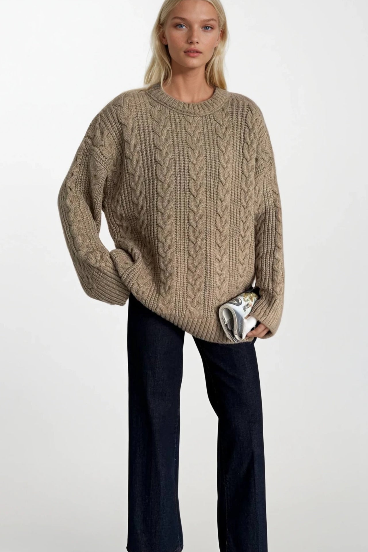 Knit Pattern Beige Basic Knit Sweater