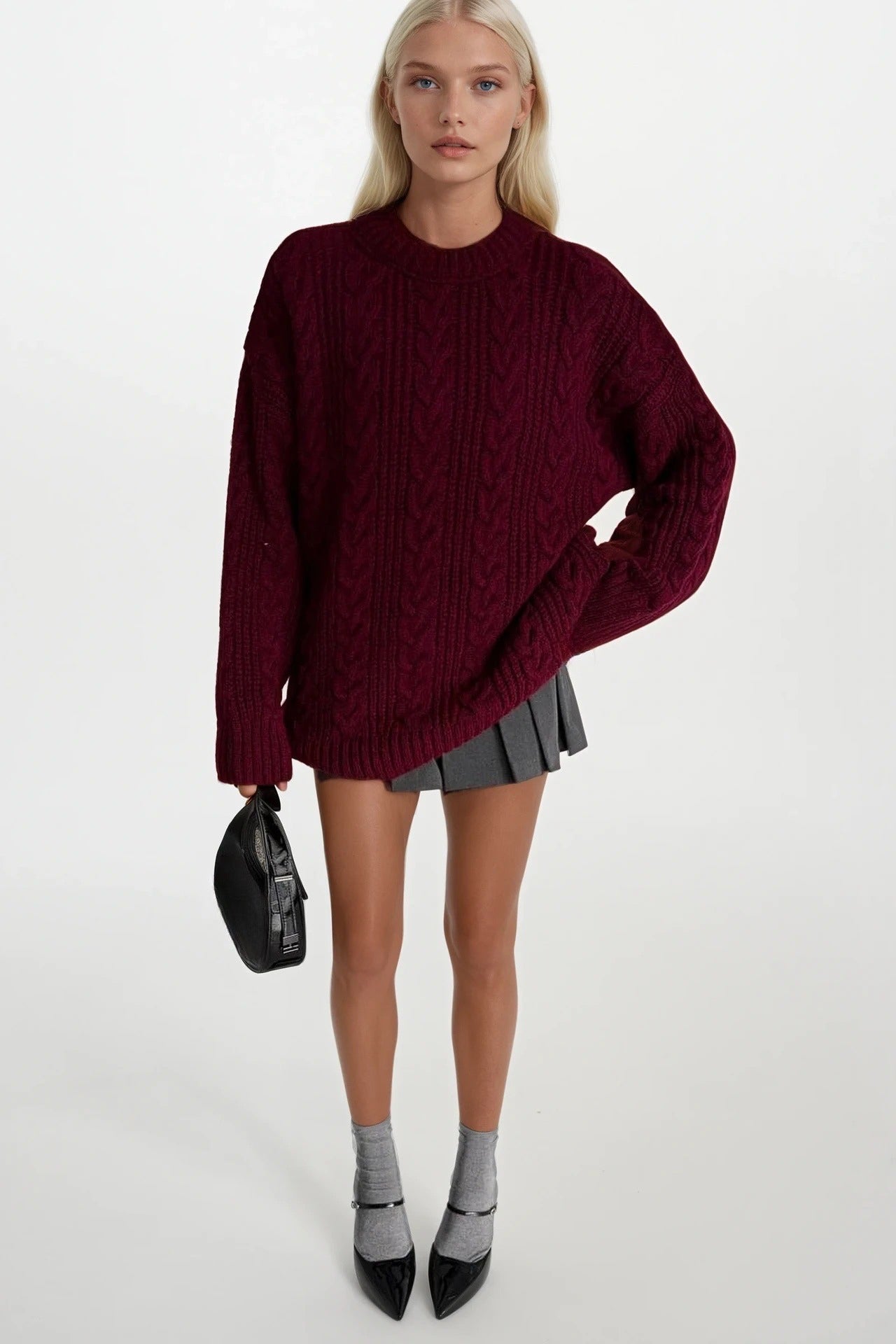 Knit Pattern Burgundy Basic Knit Sweater