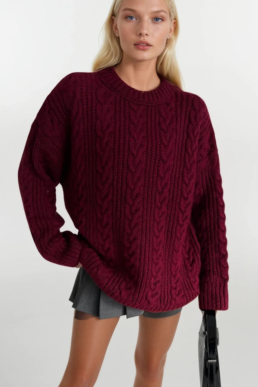 Knit Pattern Burgundy Basic Knit Sweater