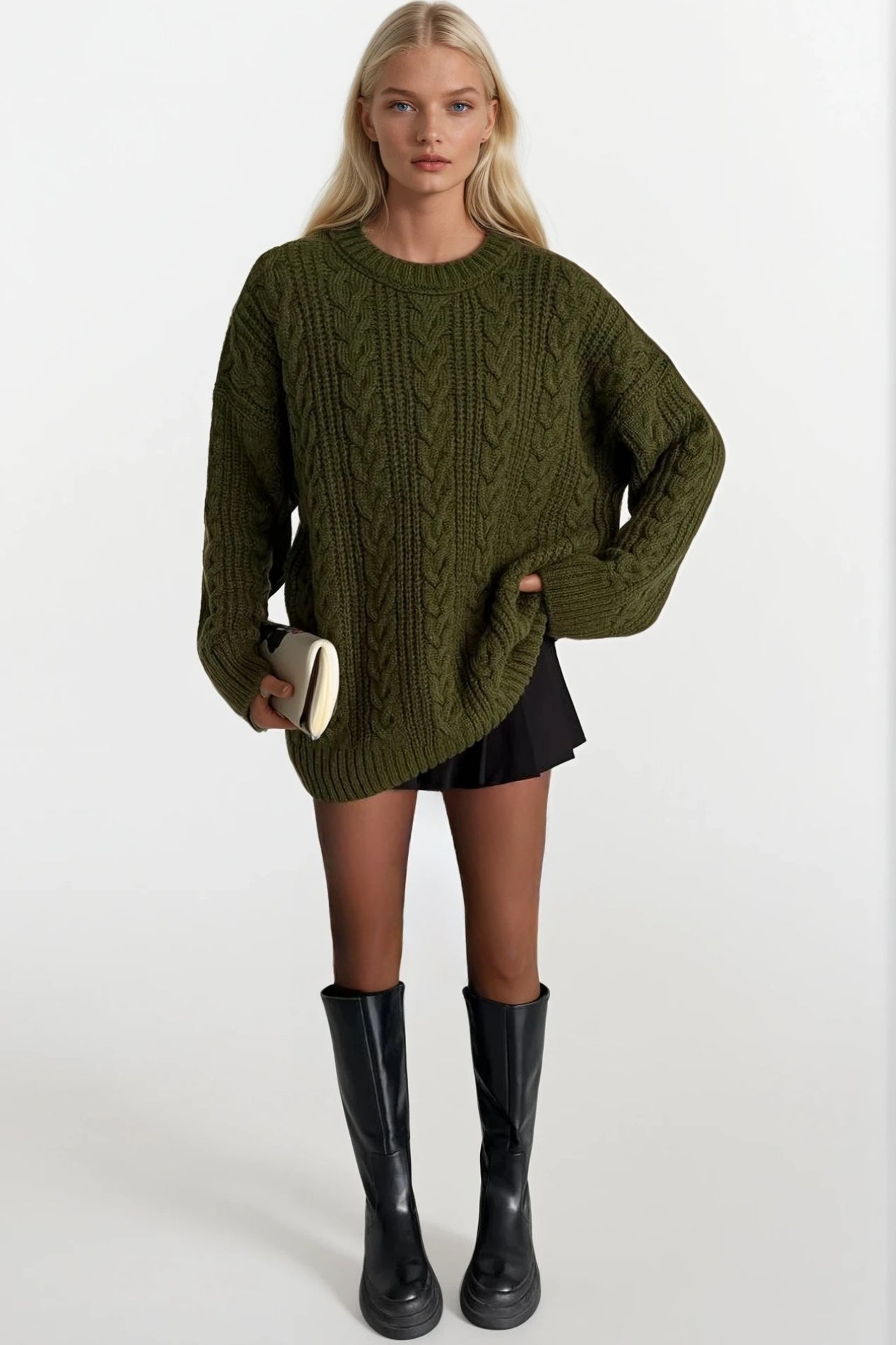 Knit Pattern Khaki Basic Knit Sweater