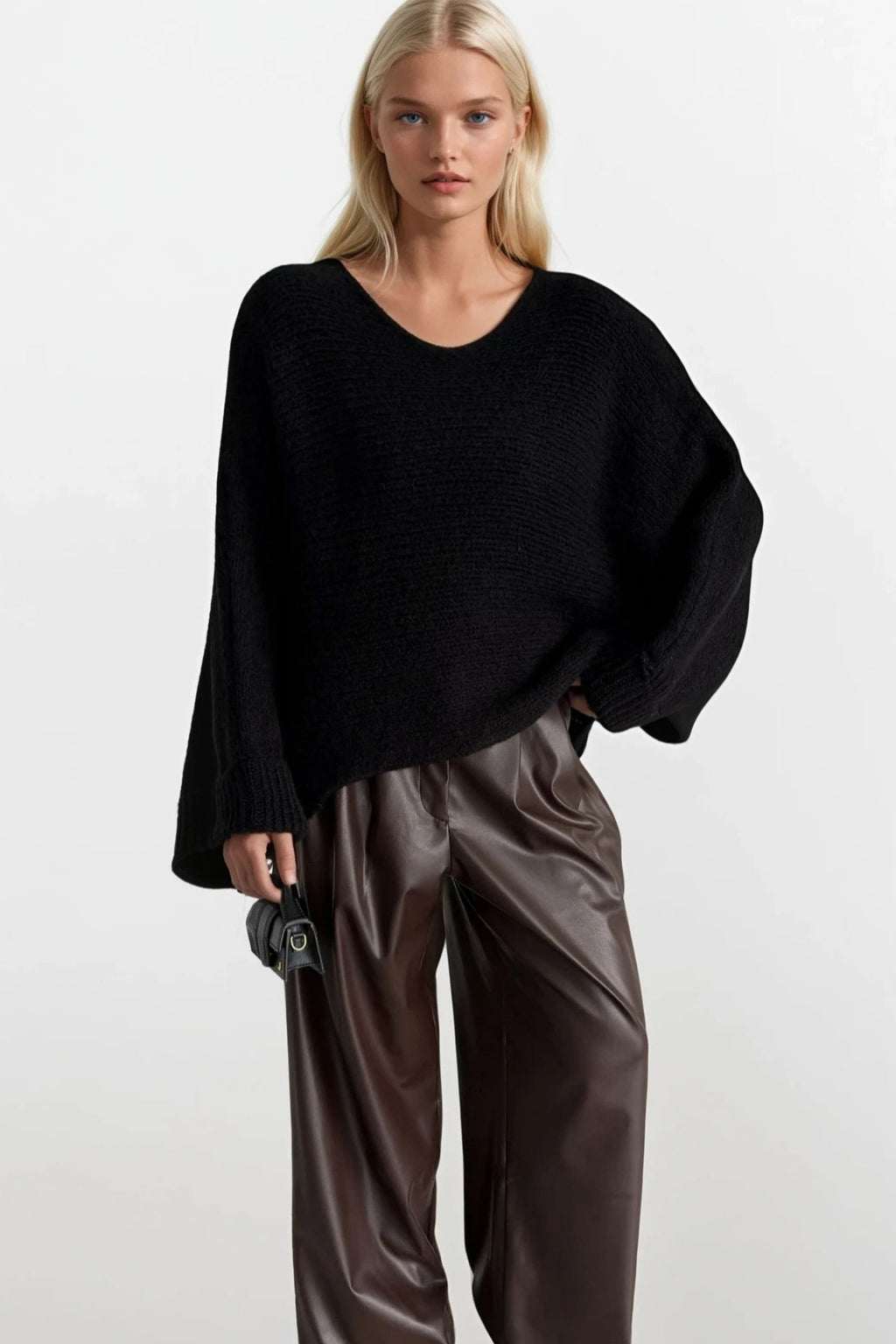 Boat Neck Folded Sleeve Black Knit Sweater