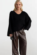Boat Neck Folded Sleeve Black Knit Sweater