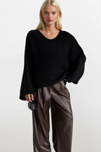 Boat Neck Folded Sleeve Black Knit Sweater