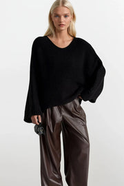 Boat Neck Roll-Up Sleeve Black Knit Sweater