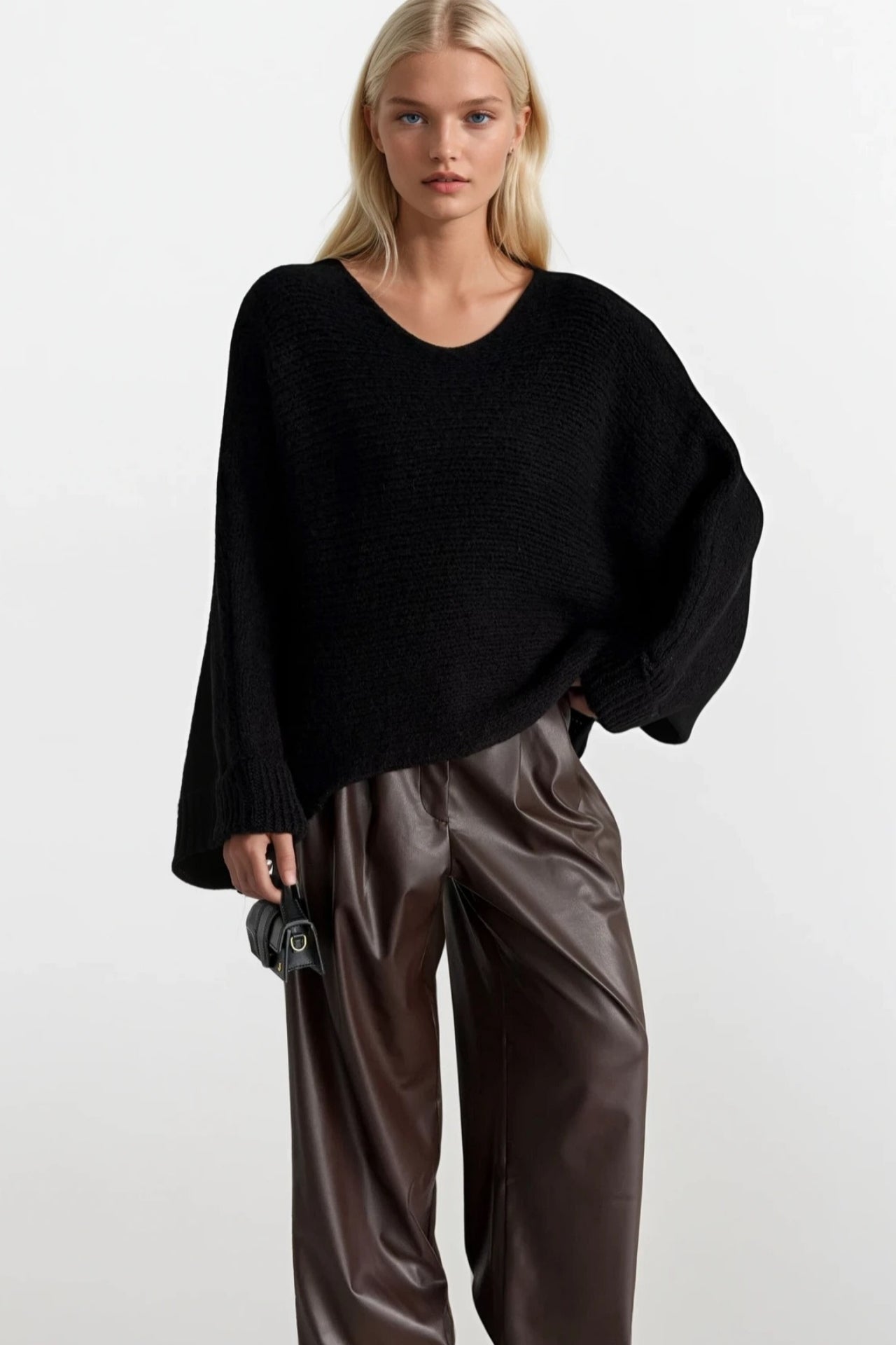 Boat Neck Folded Sleeve Black Knit Sweater