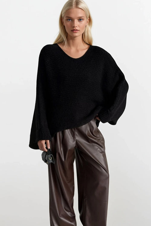 Boat Neck Folded Sleeve Black Knit Sweater