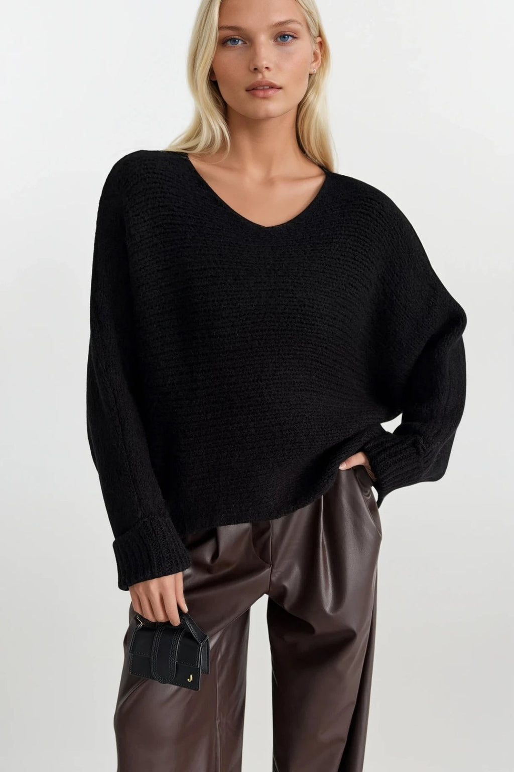 Boat Neck Folded Sleeve Black Knit Sweater