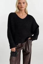 Boat Neck Folded Sleeve Black Knit Sweater