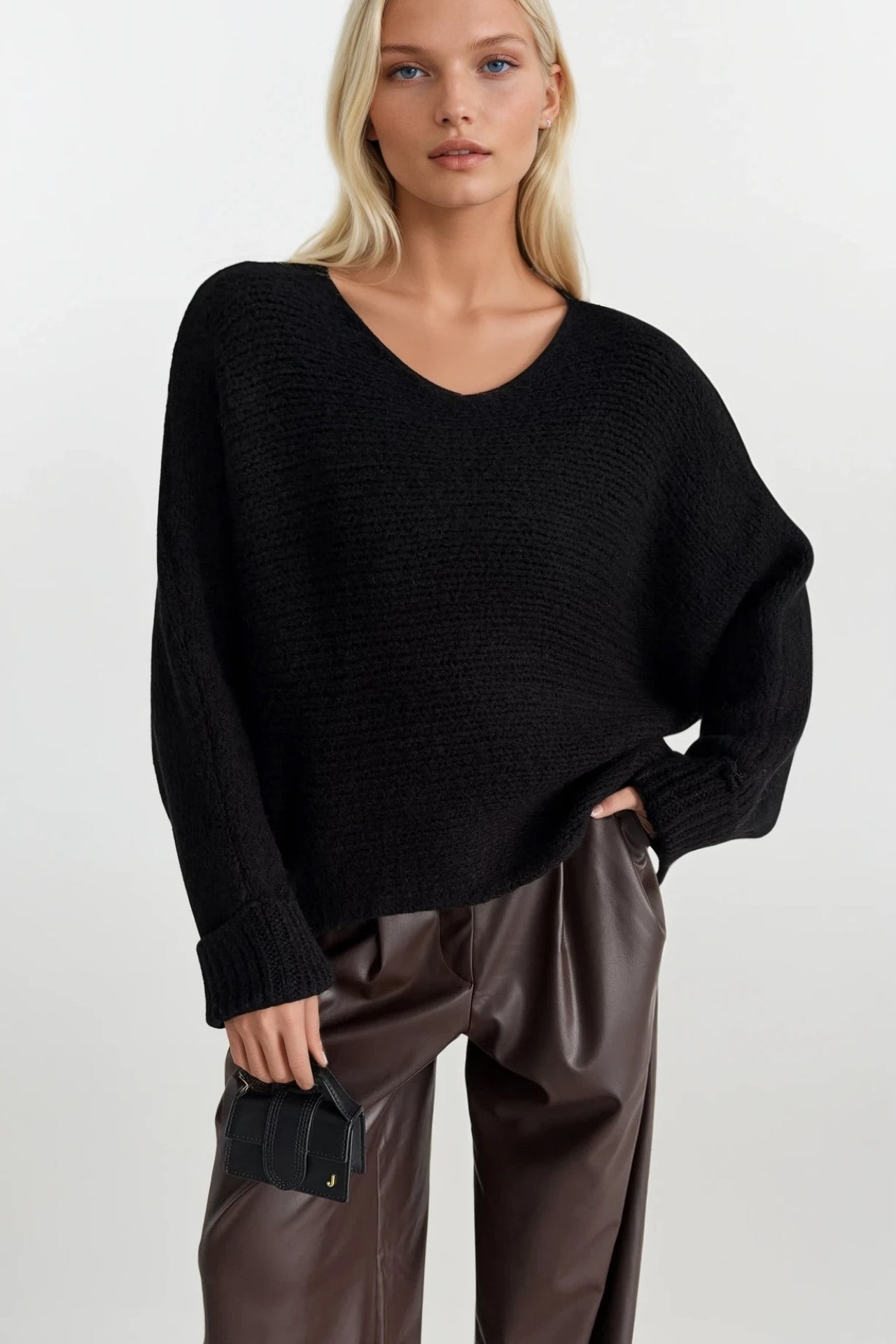 Boat Neck Folded Sleeve Black Knit Sweater