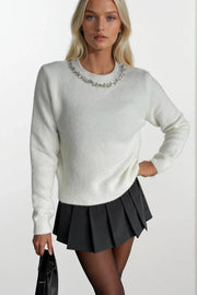 Ecru Knit Sweater with Embellished Collar