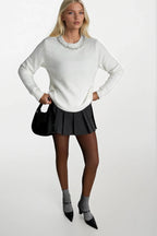 Stone-Embellished Collar Ecru Knit Sweater