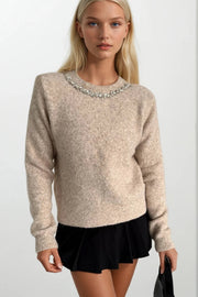 Beige Knit Sweater with Embellished Collar