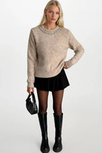 Stone-Embellished Collar Beige Knit Sweater