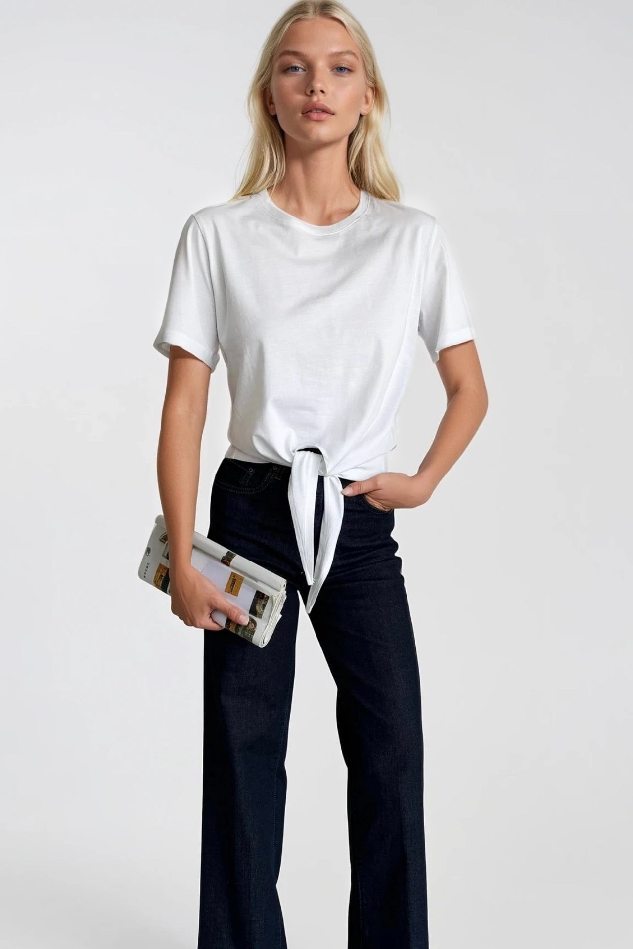 Tie Detail Crew Neck White T-Shirt