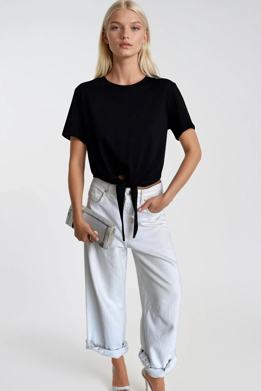 Tie Detail Crew Neck Black T-Shirt