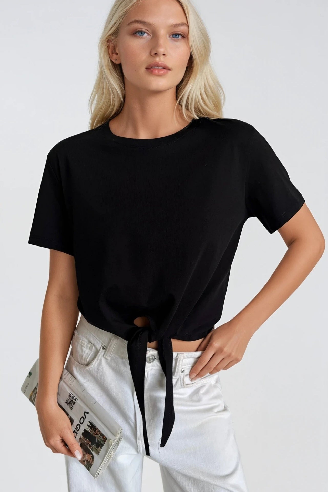 Tie Detail Crew Neck Black T-Shirt