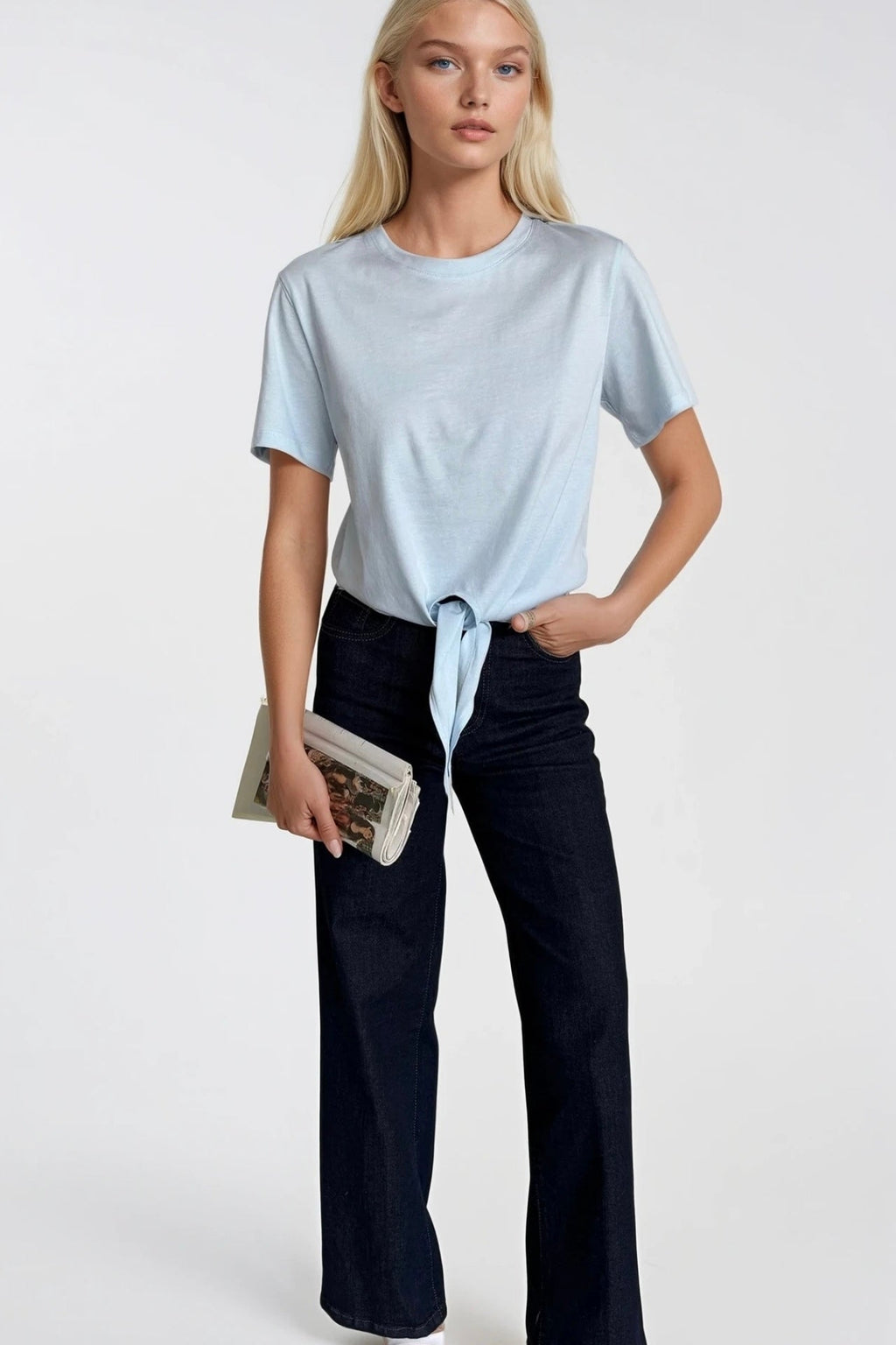 Tie Detail Crew Neck Blue T-Shirt