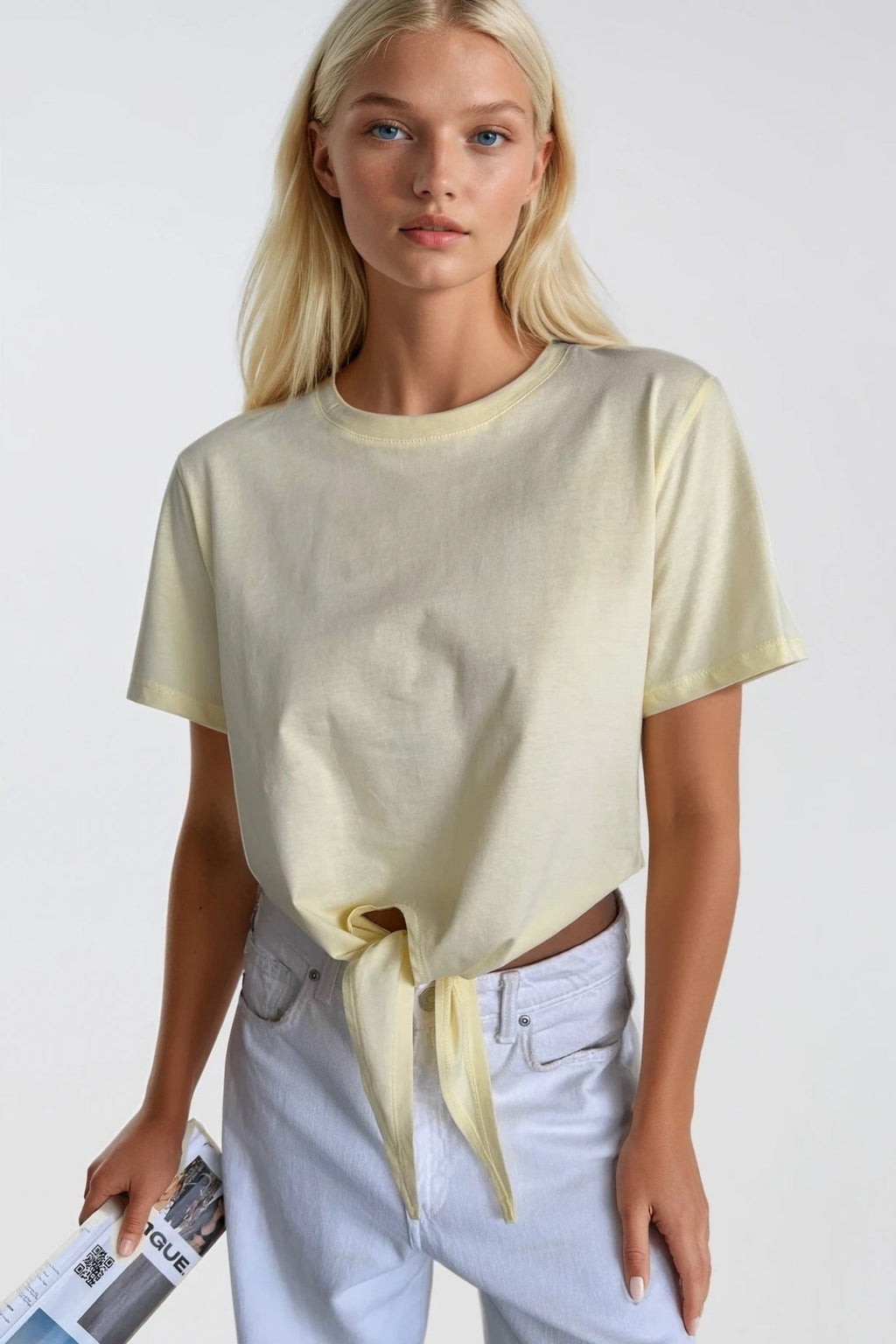 Tie Detail Crew Neck Yellow T-Shirt
