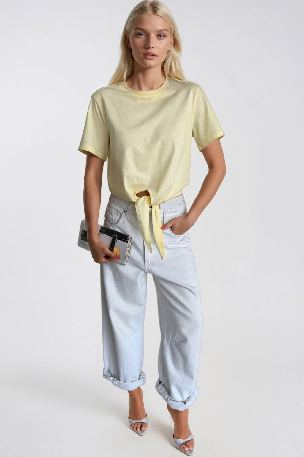 Tie Detail Crew Neck Yellow T-Shirt