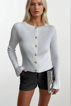 Flounce Sleeve Gold Buttoned White Crew Neck Blouse