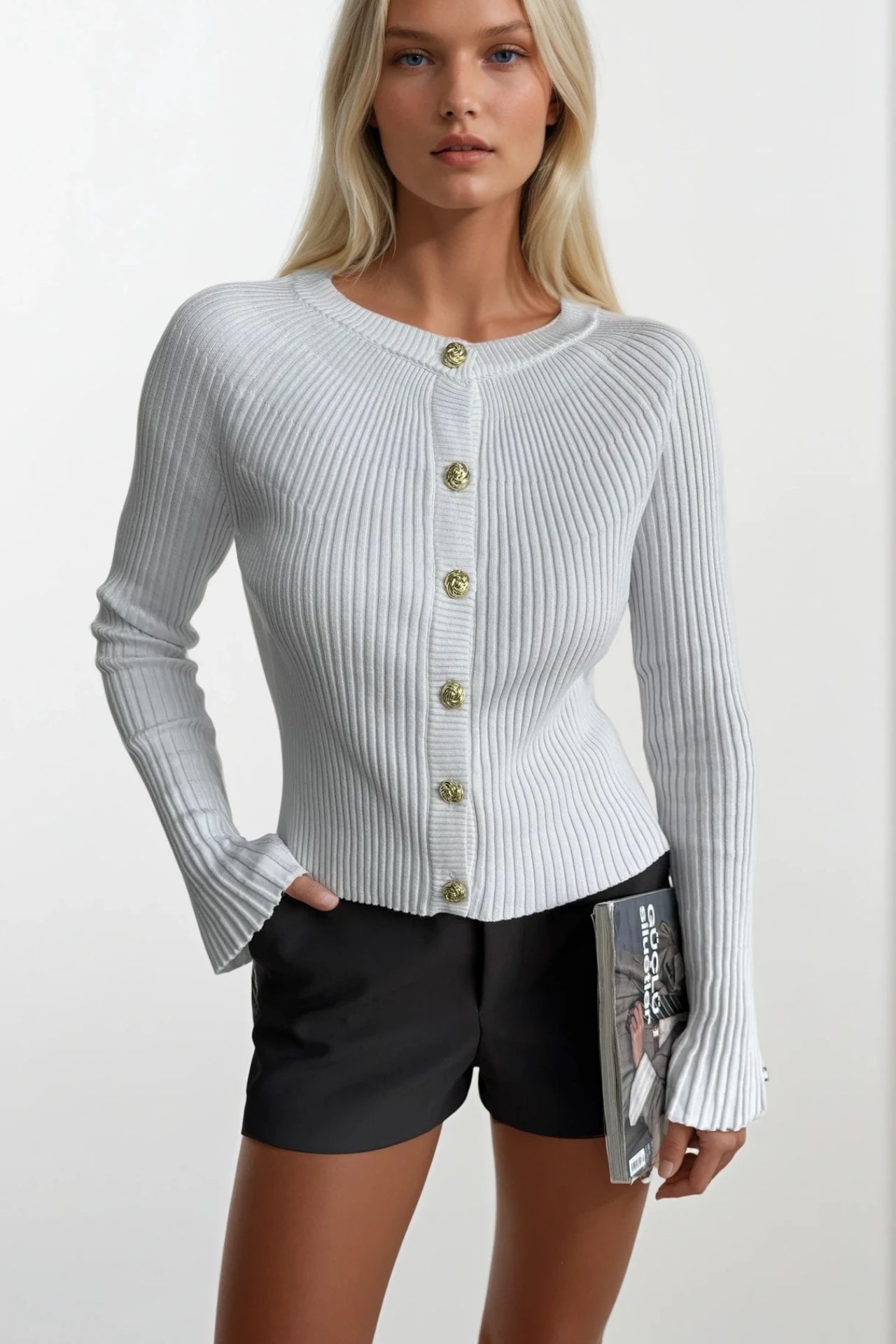 Flounce Sleeve Gold Buttoned White Crew Neck Blouse