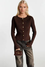 Flounce Sleeve Gold Buttoned Crew Neck Brown Blouse