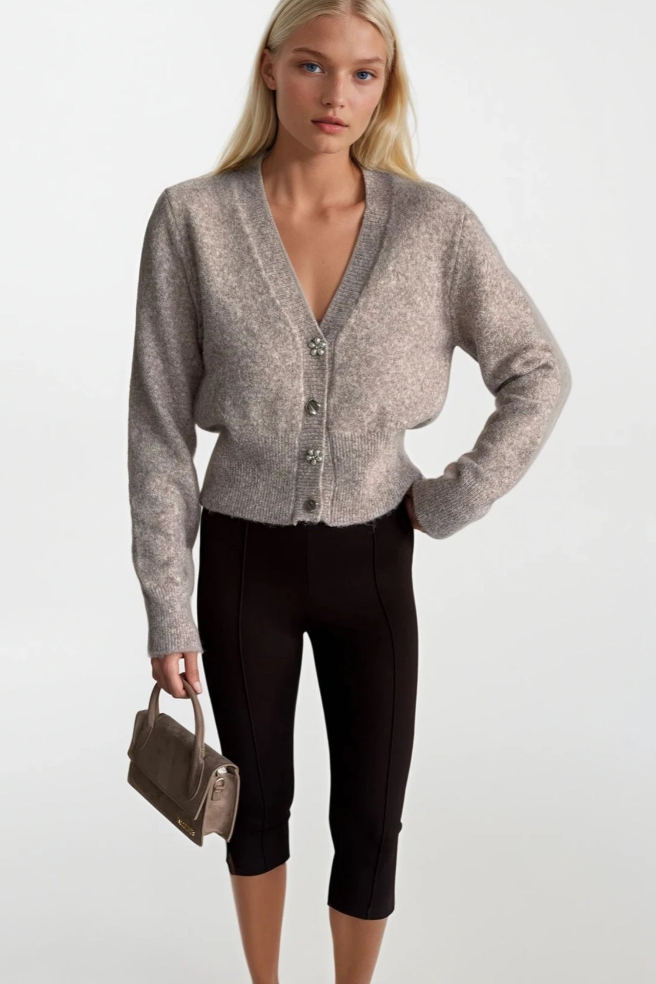 V-Neck Accessory Detail Stone Knit Cardigan