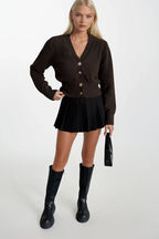 V-Neck Accessory Detail Brown Knit Cardigan