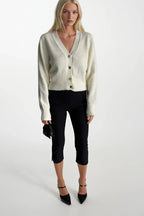 V-Neck Accessory Detail Knit Ecru Cardigan