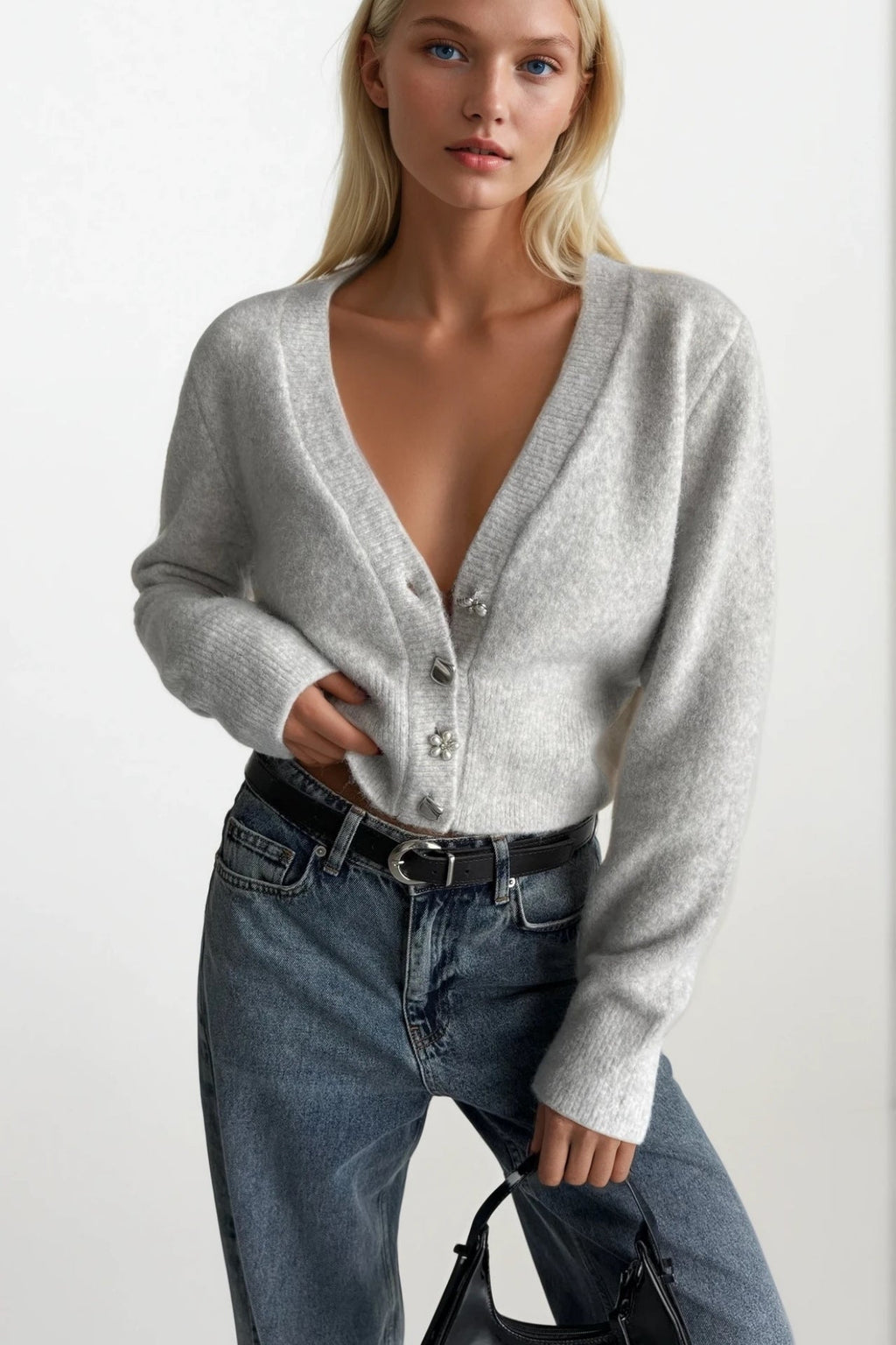 V-Neck Accessory Detail Gray Knit Cardigan