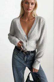 V-Neck Accessory Detail Gray Knit Cardigan