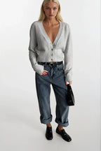 V-Neck Accessory Detail Gray Knit Cardigan