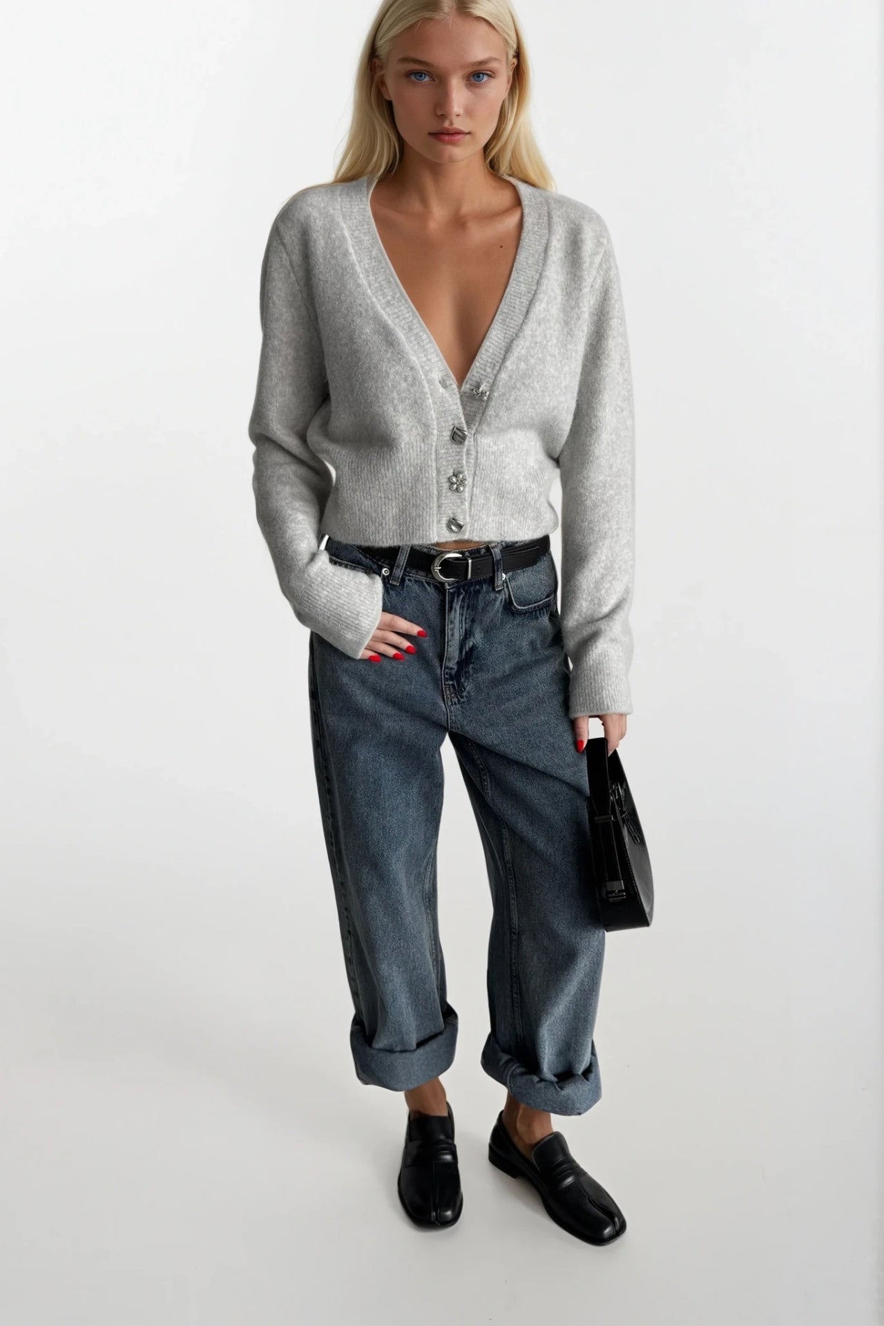 V-Neck Accessory Detail Gray Knit Cardigan