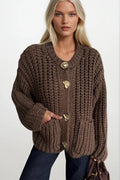 Chunky Knit Button Detail Brown Cardigan