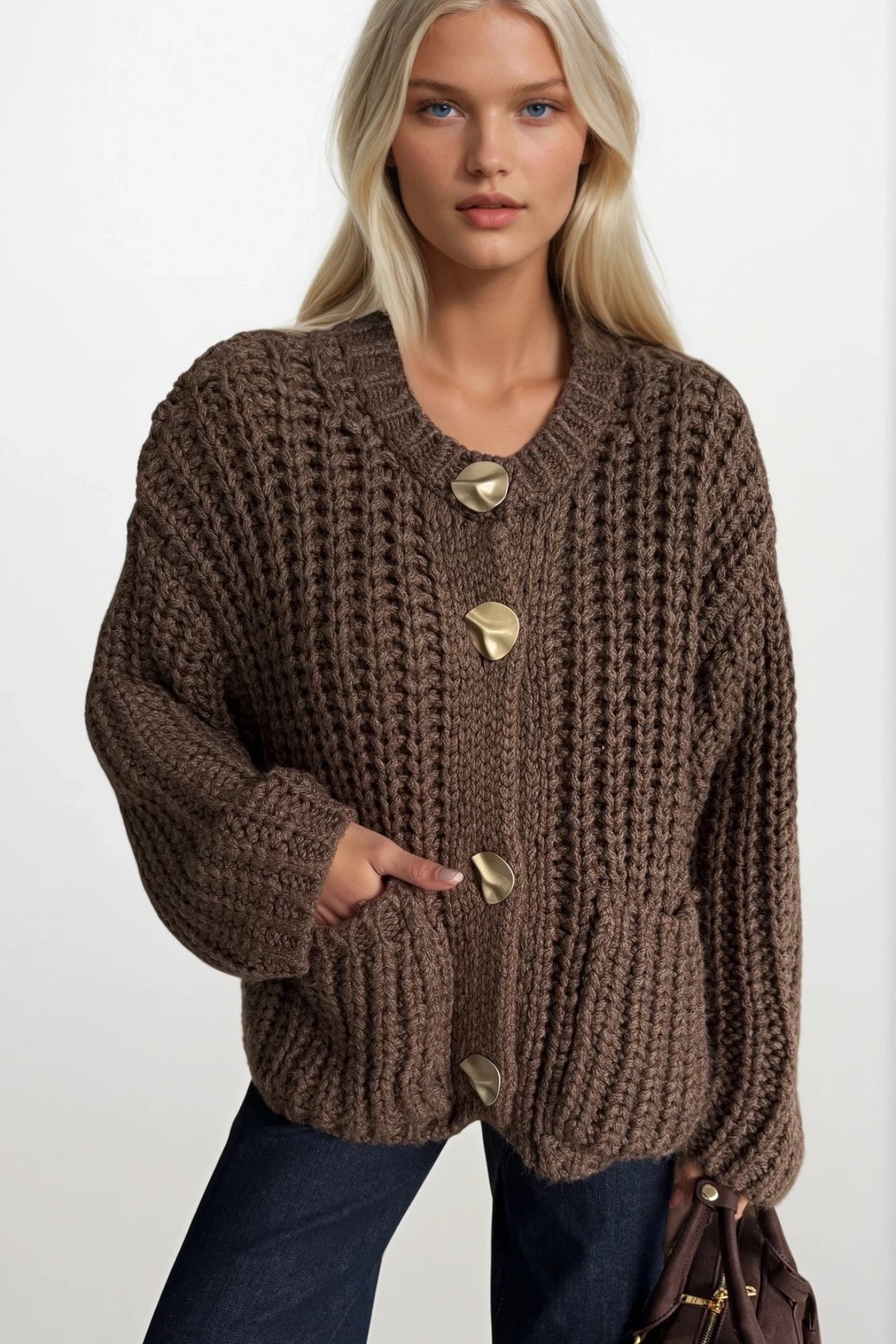 Chunky Knit Button Detail Brown Cardigan