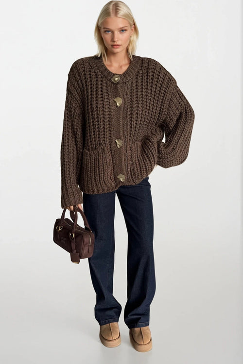 Chunky Knit Button Detail Brown Cardigan