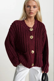 Chunky Knit Button Detail Burgundy Cardigan