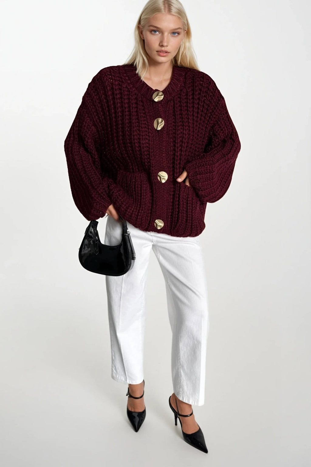 Chunky Knit Button Detail Burgundy Cardigan