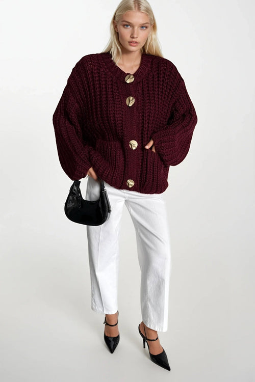 Chunky Knit Button Detail Burgundy Cardigan