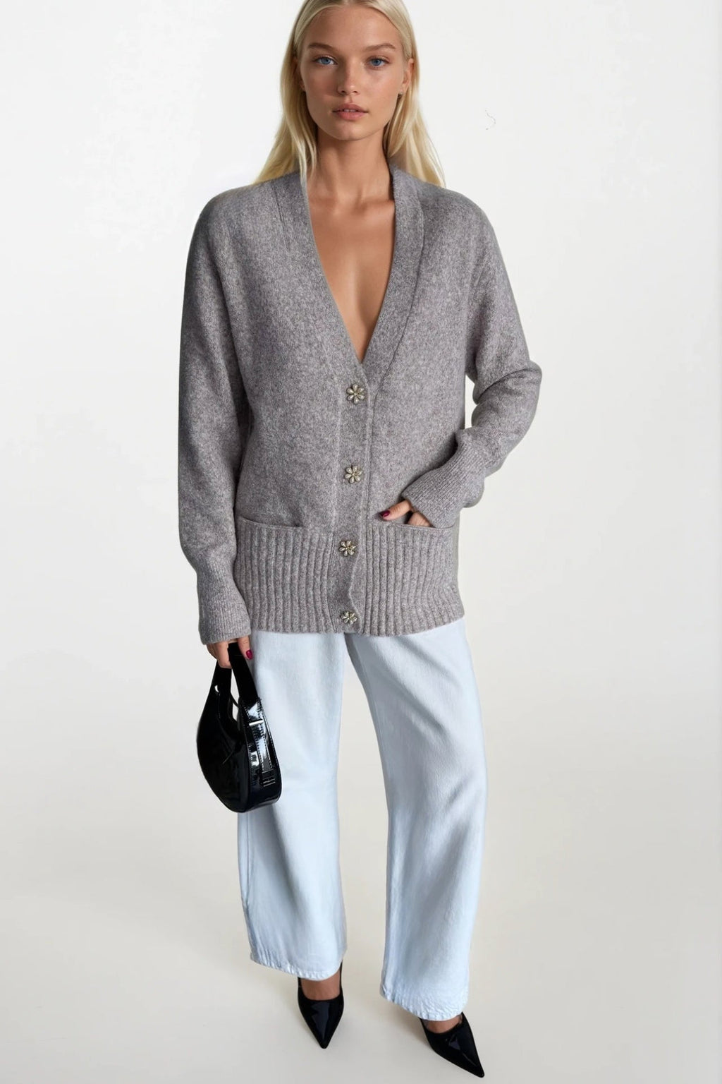 Accessory Detail V-Neck Gray Knit Cardigan