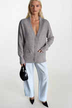 Accessory Detail V-Neck Gray Knit Cardigan