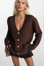 Accessory Detail V-Neck Brown Knit Cardigan