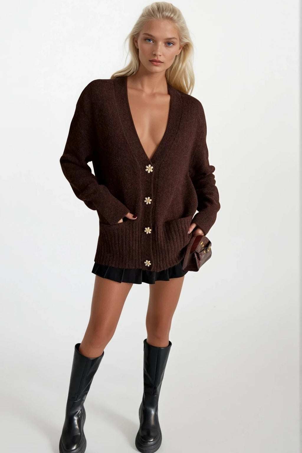 Accessory Detail V-Neck Brown Knit Cardigan