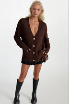 Accessory Detail V-Neck Brown Knit Cardigan