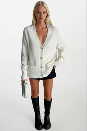 Accessory Detail V-Neck Ecru Knit Cardigan